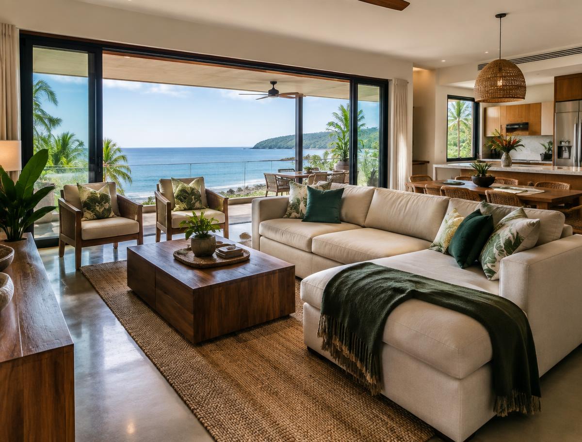 Ocean-view condo living room in Jacó